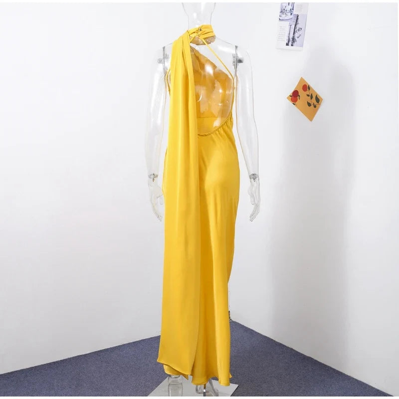 Sexy Satin Ribbon Party Dress Women Elegant Halter Backless Off Shoulder Sleeveless Female Dresses 2024 Summer Solid Robe Gown
