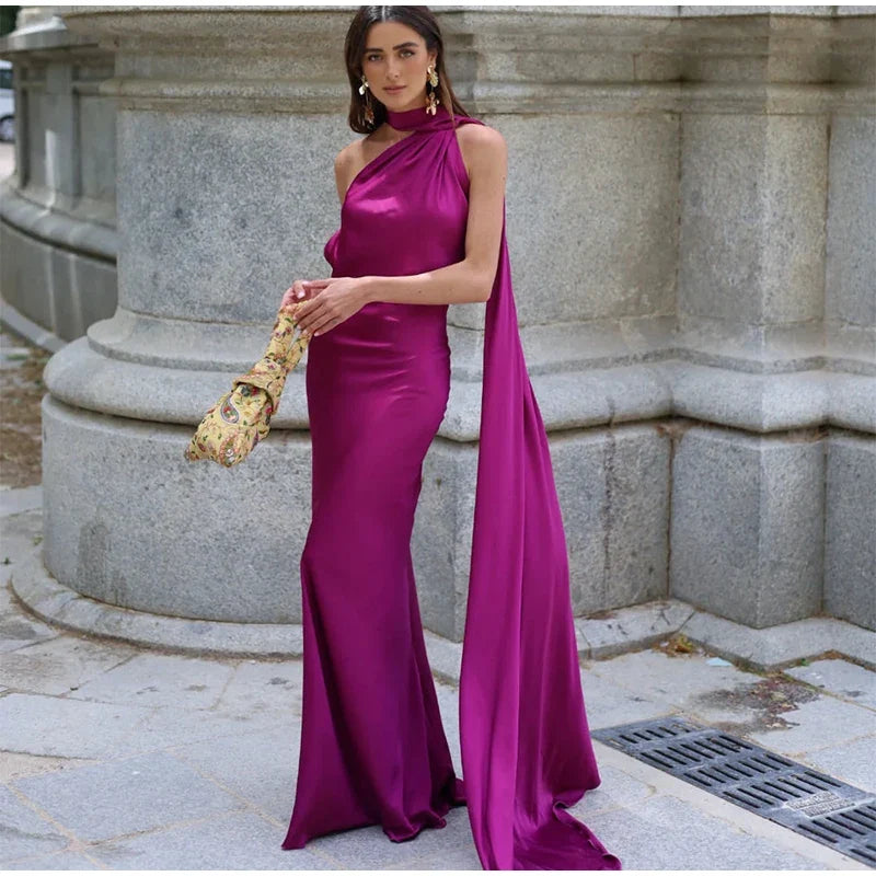Sexy Satin Ribbon Party Dress Women Elegant Halter Backless Off Shoulder Sleeveless Female Dresses 2024 Summer Solid Robe Gown